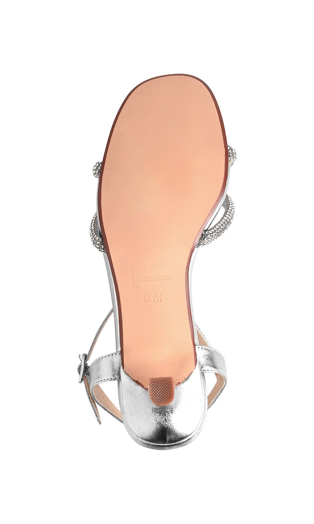 Bottom view of the Talulah Silver Prom Shoes: Touch Ups 4776, featuring a silver open-toe design with crystal-encrusted ankle and upper straps, tan sole, and kitten heel—ideal for stylish silver prom footwear.
